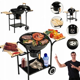 Grill Węglowy Ogrodowy z Pokrywą Półkami Kółkami Regulacja
