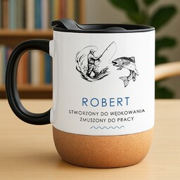 Kubek ceramiczny biały z przykrywką dla niego wędkarza