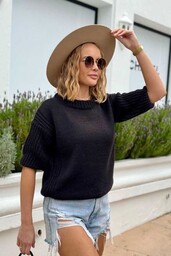 Sweter oversize z krótkim rękawem - czarny One