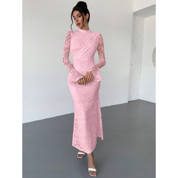 SHEIN RÓŻOWA ELEGANCKA SUKIENKA KORONKOWA Z RĘKAWEM 3
