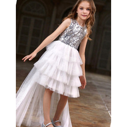 Sukienka Dziewczęca Cekinowa Warstwowa Z Dłuższym Tyłem Srebrna