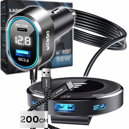 Ładowarka Samochodowa Z Przedłużaczem Dysk 98W 2xUSB 3xUSB-C