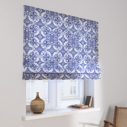 Roleta rzymska Capri, niebieskie wzory na białym tle,