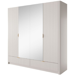 Beżowa szafa do sypialni z lustrem, szufladami