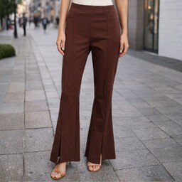 Spodnie damskie brązowe dzwony wysoki stan rozcięcia flare
