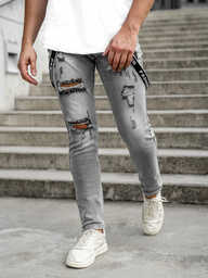 Szare spodnie jeansowe męskie slim fit z szelkami