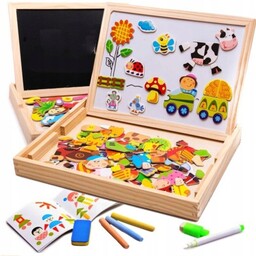 Wielofunkcyjna edukacyjna tablica magnetyczna i kredowa z klockami