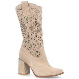 Modne kozaki ażurowe - TYMOTEO L1005 BEŻOWE ZAMSZ