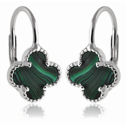 Eleganckie rodowane srebrne wiszące kolczyki koniczynki z malachitem