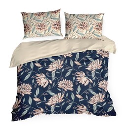 Eurofirany Pościel satynowa 220x200 Nika 49 granatowa liście