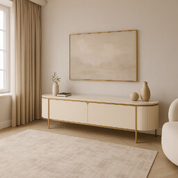 SZAFKA RTV w kolorze ecru z złotytmi, metalowymi