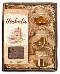 Kosz prezentowy z herbatą rooibos, konfiturkami i miodkiem