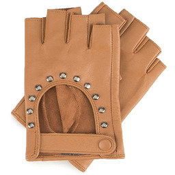 Damskie rękawiczki skórzane bez palców z nitami brązowe