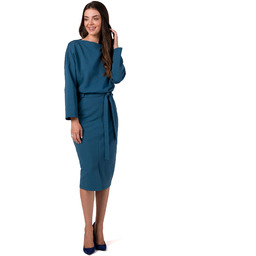 Dzianinowa Sukienka Midi z Paskiem - Morska