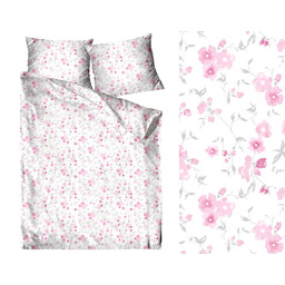 Greno Pościel satynowa 220x200 Britania biała różowa kwiaty