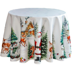 Obrus bożonarodzeniowy okrągły biały z nadrukiem Świętego Mikołaja