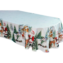 Obrus bożonarodzeniowy owalny biały z nadrukiem Świętego Mikołaja