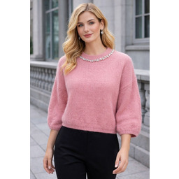 Sweter damski różowy moher 40% z kryształkami elegancki