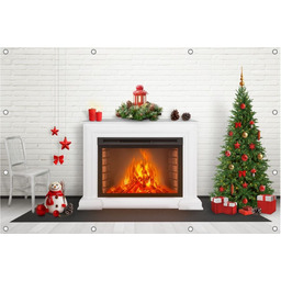 Biały kominek i choinka- Baner do szkoły