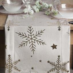 Bieżnik bożonarodzeniowy welwetowy beżowy zdobiony błyszczącym nadrukiem śnieżynek