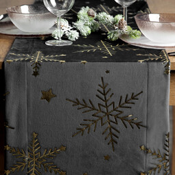 Bieżnik bożonarodzeniowy welwetowy czarny zdobiony błyszczącym nadrukiem śnieżynek