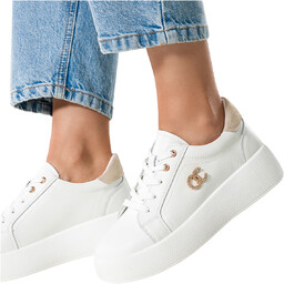 Białe sneakersy skórzane damskie creepersy na platformie złota