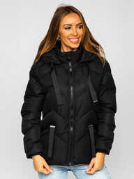 Czarna pikowana kurtka damska zimowa z kapturem Denley