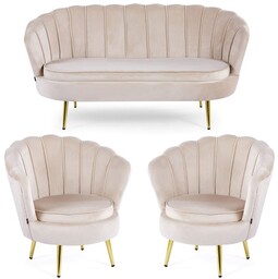 Sofa + 2 fotele muszelki ELIF beżowy welur,