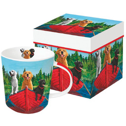 DUŻY KUBEK PORCELANOWY Psy w łódce (na rybach)