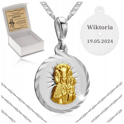 Srebrny Łańcuszek Pozłacany Medalik Matka Boska 925 Komunia