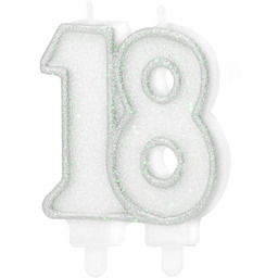 Świeczka na osiemnastkę brokatowa srebrna - 8,5 cm