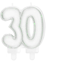 Świeczka na trzydziestkę brokatowa srebrna - 8,5 cm