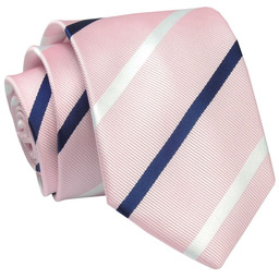 Krawat Jasny Różowy w Granatowo-Białe Paski 7 cm,