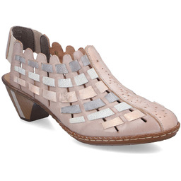 Skórzane półbuty damskie na obcasie komfortowe elastyczne kremowe