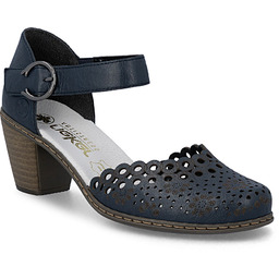 Skórzane sandały damskie na słupku komfortowe ażurowe granat