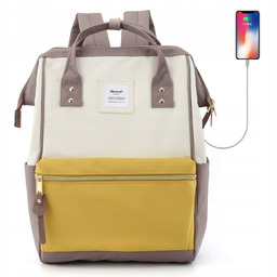 Damski plecak szkolny Himawari 9001 Usb liliowo-beżowo-żółty