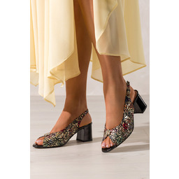 Czarne Sandały Skórzane Damskie W Kolorowe Kwiaty Obcas