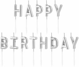 Świeczki pikery napis Happy Birthday - srebrny
