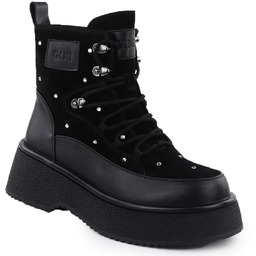 Skórzane botki damskie z cyrkoniami na platformie czarne