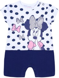 Biało-granatowy rampers w grochy z wizerunkiem Myszki Minnie