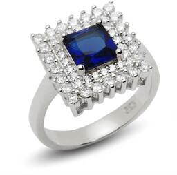 Srebrny Pieścionek Kwadratowy z Szafirową Cyrkonią