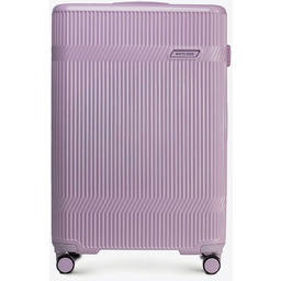 Duża walizka z polikarbonu o błyszczącym wykończeniu lawendowa