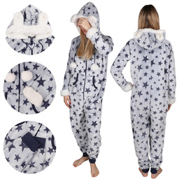 Damska piżama jednoczęściowa w gwiazdki, onesie z kapturem