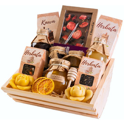 Kosz prezentowy kraftowy zestaw herbat skrzynka kawa czekolada