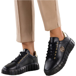 Czarne sneakersy skórzane damskie creepersy na platformie sznurowane