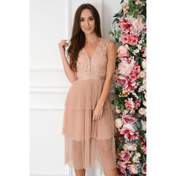 Sukienka midi z tiulowych falban z koronką brudny