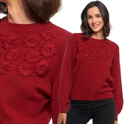 Sweter Damski Bawełniany Oversize Haft Kwiatowy Klasyczny Moraj