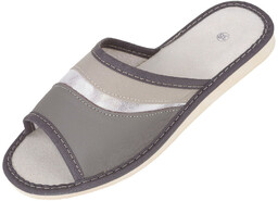 Kapcie skórzane pantofle góralskie damskie szaro-srebrne metaliczne, Rozmiar: