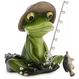 Figurka dekoracyjna żaba wędkarz z wędką i rybą