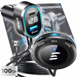 Ładowarka Samochodowa Z Przedłużaczem 98W 2xUSB 3xUSB-C LCD